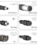 Close-up of Universal 29.4V 2A Charger interchangeable plugs for 7S LiIon Batteries, features various connector types.