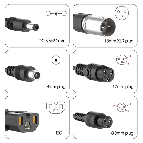 Close-up of Universal 29.4V 2A Charger interchangeable plugs for 7S LiIon Batteries, features various connector types.