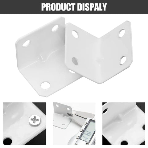 12 Pack White Powder Coated Steel L Corner Braces With Phillips Screws, showing detailed right angle joinery plates.
