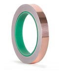 Side view of conductive copper foil tape roll with green liner; 1/2 in x 50 ft for EMI/RFI shielding
