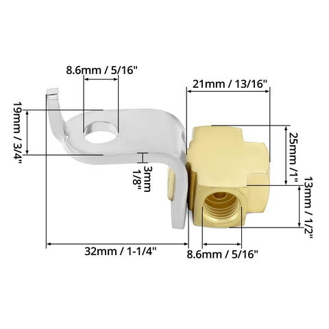 Brass 3-way brake line tee connector with mounting bracket and inverted flare fittings for 3/16 tube, 3/8-24 threads (side view)