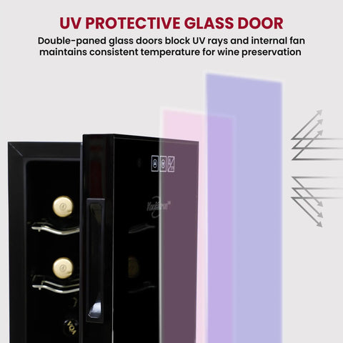 Six Bottle Wine Fridge With UV Protective Glass Door And Soft Interior Lighting Freestanding Beverage Cooler detail view
