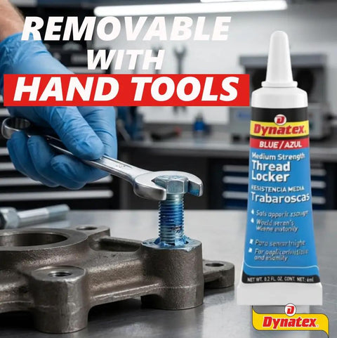 Mechanic using wrench on metal fastener with Blue Medium Strength Threadlocker 0.20 oz Bottle Two Pack For Metal Fasteners nearby