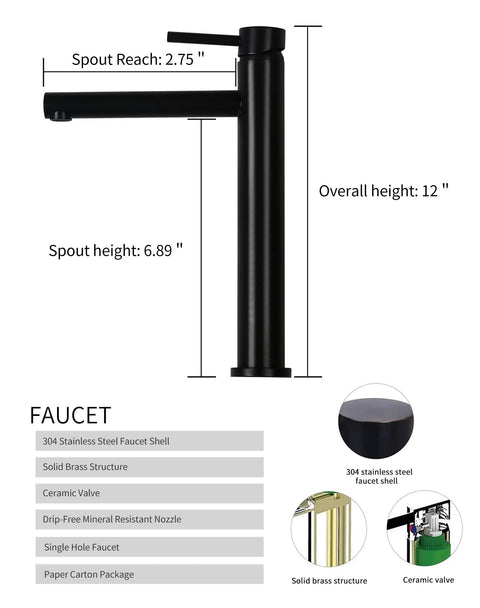 Faucet details for Ceramic Vessel Sink Set 14.4 Inch Round Matte White Above Counter Basin With Faucet And Pop Up Drain.