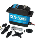 Badass High Torque 45kg Cm Coreless Digital Servo Metal Motor With 7.4 Volt Waterproof Ip66 Build And Savage Strength Control Arm for RC robots and Baja cars, showing servo and accessories.