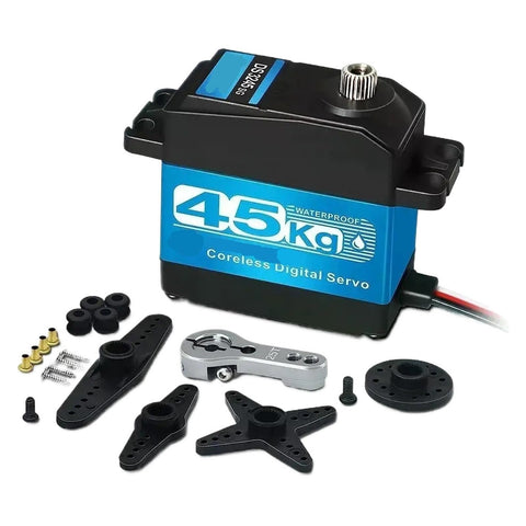 Badass High Torque 45kg Cm Coreless Digital Servo Metal Motor With 7.4 Volt Waterproof Ip66 Build And Savage Strength Control Arm for RC robots and Baja cars, showing servo and accessories.