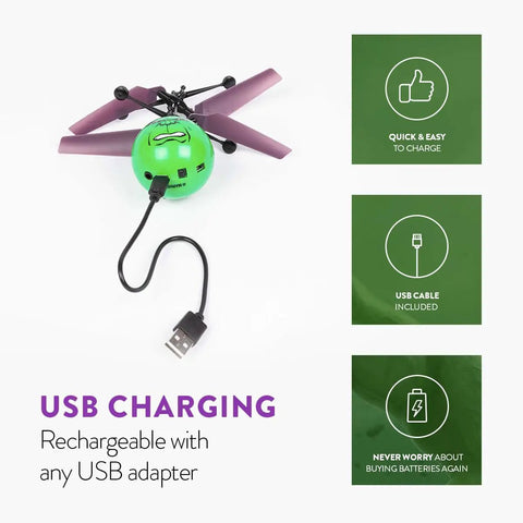 Motion Sensing Hulk Flying Orb Toy With USB Charging Marvel Licensed Indoor Outdoor Ball Drone shown with USB charger