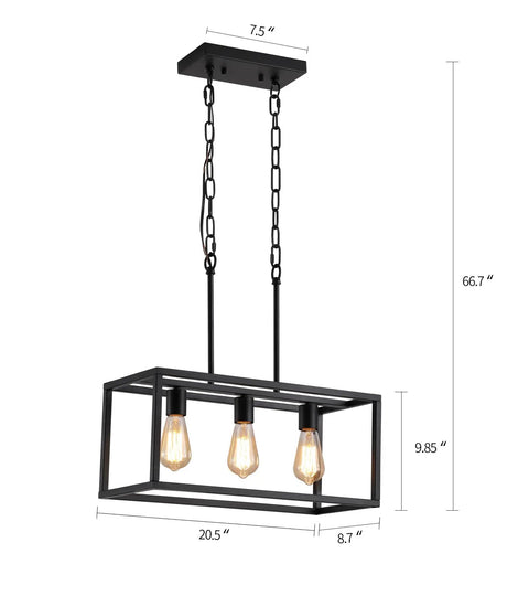 Three Light Black Linear Chandelier for Modern Dining Room and Kitchen Island Bar Rectangle Farmhouse Pendant Light Industrial Style Fixture with UL Listed