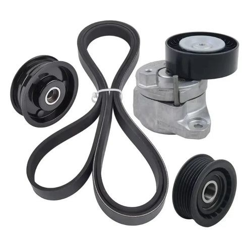 Super Cool Engine Drive Belt Tensioner Assembly With 2 Snazzy Idler Pulleys And Quality Belt Built For Mercedes-Benz M272 M273 W204 W203 Plus OE Fitment Numbers components shown.