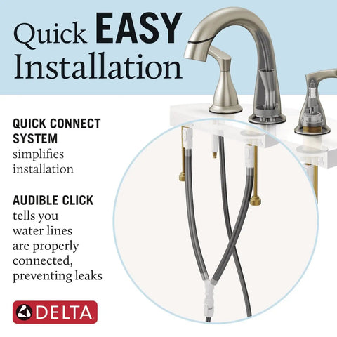 Broadmoor Chrome Bathroom Faucet With Sprayer showing quick connect system and under-sink water line installation.