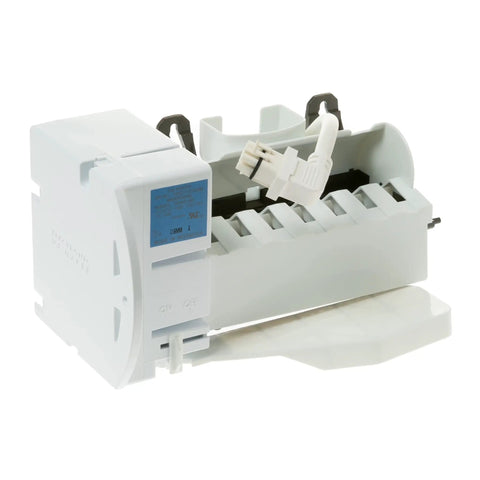 Refrigerator Ice Maker Replacement Part WR30X28693 with ice mold and control device, white plastic, front view.
