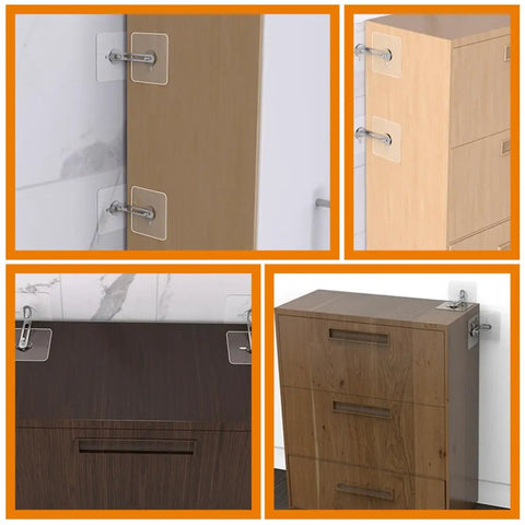 Anti Tip Furniture Wall Anchors 4 Pack Heavy Duty Stainless Steel And Acrylic Easy Install Keeps Bookcases Shelves Dressers Stay Put And Upright Prevent Tipping For Home Use installed on dresser and cabinet