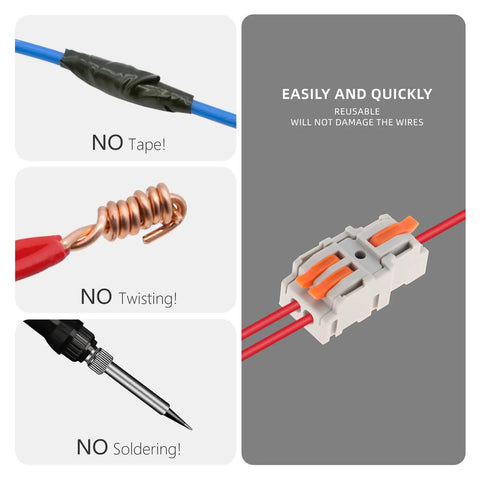 Lever Wire Connectors 10 Pack 1 In 2 Out Inline Splice Quick Connect for Electrical Wire 28 to 14 AWG, sketches of no tape, twist, solder method.