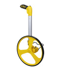 Heavy Duty Gear Driven Measuring Wheel With Tough Plastic Housing And Five Digit Counter Built Like A Tank With Quick Fold Handle And Kickstand Diecast Aluminum Wheel Aces Road Layouts Mw40M side view showing yellow design and ergonomic grip.