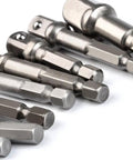 Close-up of Heavy Duty 8 Piece Impact Adapter Set Built To Last For 1/4 Inch 3/8 Inch 1/2 Inch Hex Shank Square Nut Drill Extension