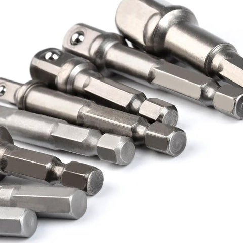 Close-up of Heavy Duty 8 Piece Impact Adapter Set Built To Last For 1/4 Inch 3/8 Inch 1/2 Inch Hex Shank Square Nut Drill Extension