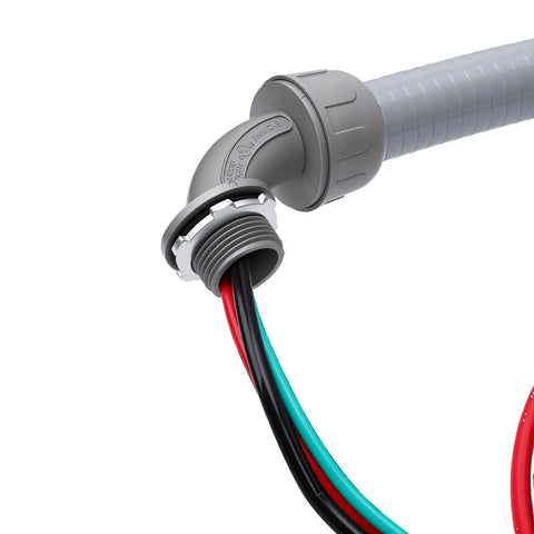 Heavy Duty Liquid Tight Flexible Conduit AC Whip Kit 3/4 Inch X 6 Foot showing elbow joint and pre-terminated wire connections.