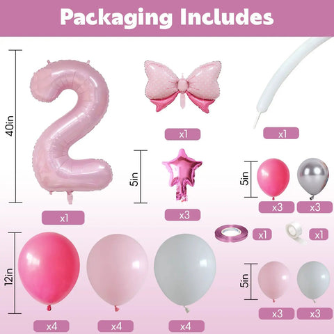 40 Inch Pink Number 2 Balloon Tower Kit For A 2nd Birthday Bash Includes A Giant Pink 2 Foil Balloon, Star Balloons, Mini Bow, And A 12 Inch Balloon Mix In Rose Red, Macaron Pink And White For A Cute Girls Celebration packaging includes.