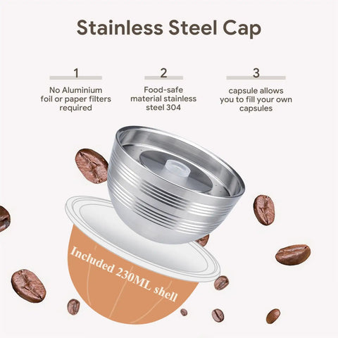Reusable Stainless Steel Coffee Pods Kit for Nespresso Vertuo Next Plus POP VertuoLine Three Aluminum Shells 230ml Capacity Eco Friendly Refillable Capsules With Scoop And Brush, showing stainless steel cap and coffee beans
