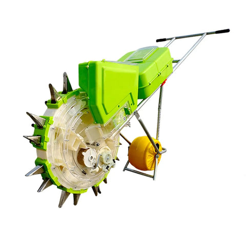 Go-To Dual-Hopper Precision Garden Seeder With Wheel And All-In-One Seed Sower And Fertilizer Applicator featuring stainless steel nozzle.