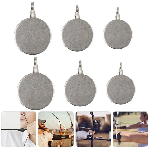 Six Pack Beefy Heavy Duty Metal Reset Target Set For Air Rifles Pellet Guns BB Guns Slingshots And Practice Durable Steel Targets With 2cm 3cm And 4cm Bullseye Holes Portable And Reusable shown with archers in action
