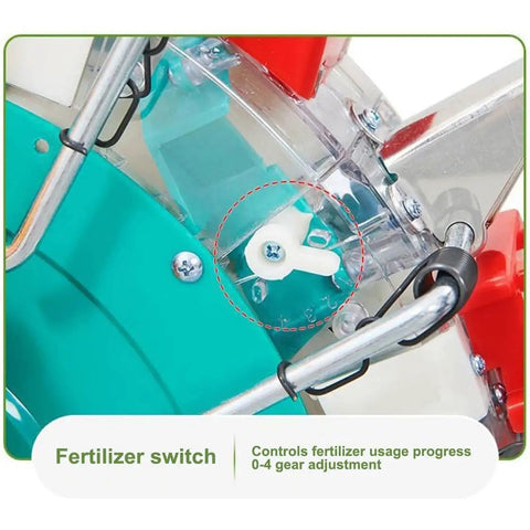 Walk-Behind Seed Spreader For Lawn And Farm No-Fuss Manual Push Roller Seeder With Dual 5-Hole Sowing, close-up of fertilizer switch mechanism