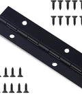 Heavy Duty Piano Hinge 48 Inch By 1.5 Inch Black Stainless Steel Continuous Hinge With Mounting Screws shown with screws.