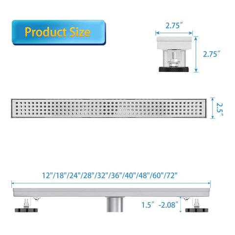 24 Inch Linear Shower Drain With Removable Grate Cover, AISI 304 Stainless Steel, Hair Catcher, adjustable feet, product dimensions