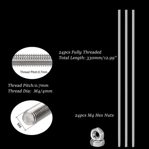 Set of 48 Lobergel stainless steel M4 threaded rods with 24 hex nuts; 330mm long, 0.7mm pitch, right-hand thread.