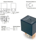 Two Pack 70A 12V DC Automotive Relay 4 Pin SPST With Resistor, bottom view schematic and dimensions of relay for installation.