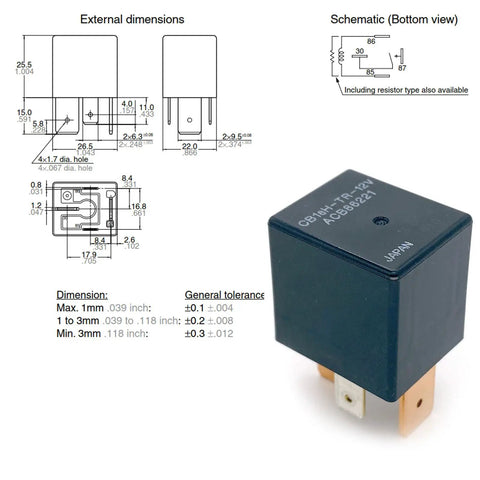 Two Pack 70A 12V DC Automotive Relay 4 Pin SPST With Resistor, bottom view schematic and dimensions of relay for installation.