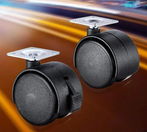 Slick Rolling 4 Pack Of Heavy Duty Nylon Swivel Caster Wheels equipped with brakes, showcasing black wheels and metal mounting plates.