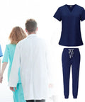 Nurse Scrubs Set For Women Uniform Top And Jogging Pants Navy Blue Machine Washable Spa Beauty Salon Workwear For Nurses And Assistants