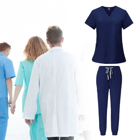 Women Scrub Set For Clinics And Spas Top And Jogger Pants Navy Blue XL Machine Washable and Easy Care Workwear displayed on white background