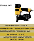 15 Degree Roofing Nailer For Pros And DIYers, Three Quarters Inch To One And Three Quarters Inch Wire Collated Nails, 120 Count Coil Nail Gun, Low Recoil, Orange Heavy Duty Roofing Tool with specifications.