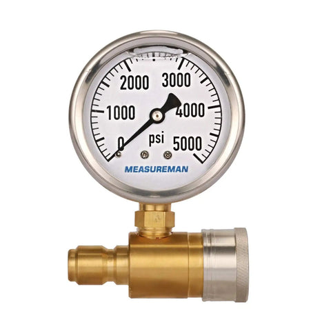 Pro Grade Pressure Washer Gauge Kit With Three Eighths Inch Quick Connect Glycerin Filled Dial 0-5000 PSI Brass Quick Connector