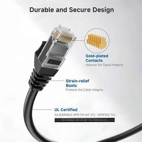 Snagless Cat 6 Ethernet Cable 20ft High Speed Network Cord For Gaming PCs Routers And More 10Gbps Ready 24 AWG Copper LAN Cord Black Durable Shielded