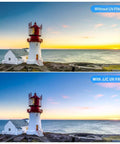 Comparison of lighthouse image without and with 49mm UV Filter For Canon EOS R100 R50 R10 And RF-S 18-45mm Kit, Also Fits M50 Series.