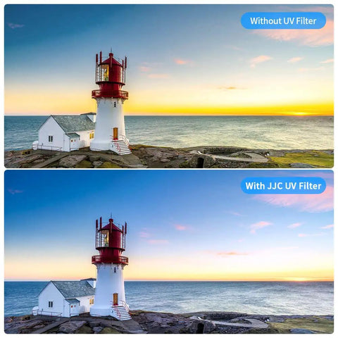 Comparison of lighthouse image without and with 49mm UV Filter For Canon EOS R100 R50 R10 And RF-S 18-45mm Kit, Also Fits M50 Series.