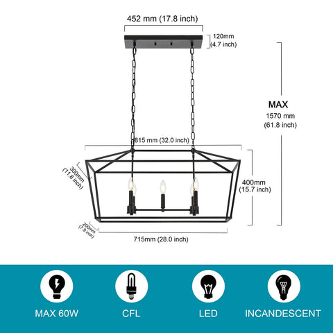 Dimensions of Farmhouse Five Light Candle Pendant Chandelier In Matte Black For Dining Room Foyer Or Porch, Industrial Rustic Ceiling Light Fixture With Adjustable 59 Inch Chain And Dimmable Capability shown.