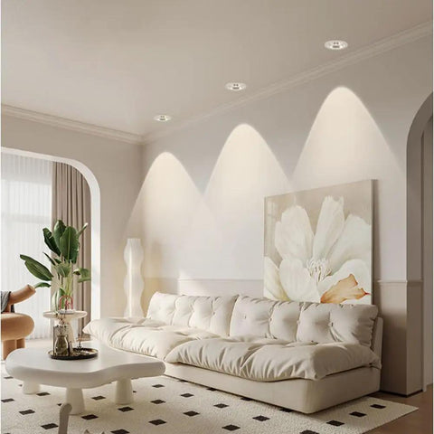 saditesdk 8-Pack 3.5 Inch Led Recessed Lighting Retrofit Downlight illuminating a modern living room with a large sofa.