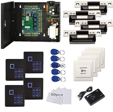 Smart 4 Door Access Control System With TCP IP PIN Code RFID Card Fob Reader North American Standard Electric Strike For Latch Doors Keypad And 110V Power Supply App Remote Open Door