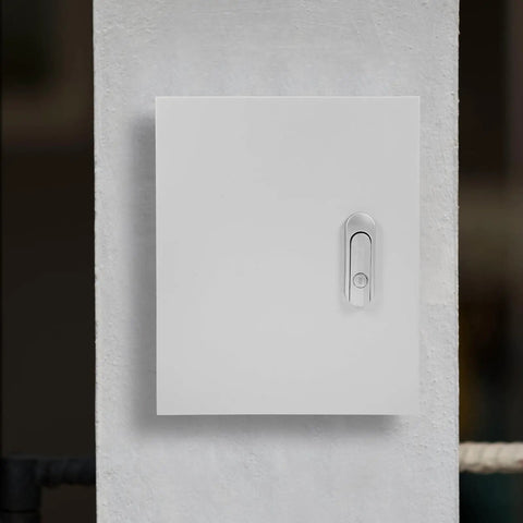Lockable Waterproof Outdoor Electrical Junction Box Enclosure mounted on wall, 25x30x14cm, ideal for RV and home, rugged and weatherproof.