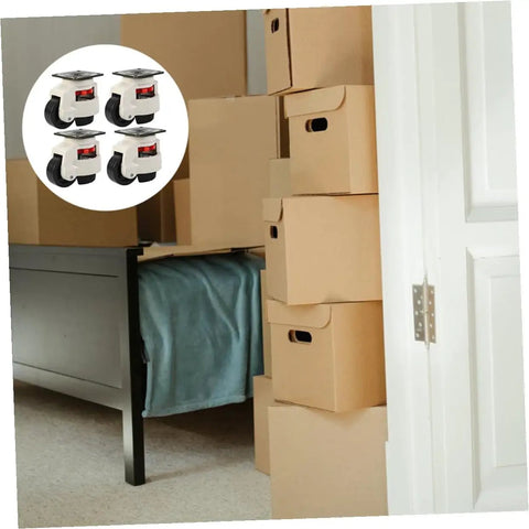 Heavy Duty Swivel Casters 4 Pack 3 Inch Adjustable Leveling Wheels For Workbenches Smooth Rolling Nylon Caster Set displayed near stacked boxes.