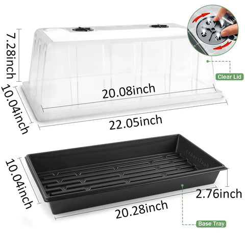 All In One Extra Tall 7.3 Inch Humidity Dome Seed Starter Tray Set Heavy Duty 1020 Size showing clear lid and base dimensions