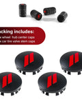 4 Pack 63mm Slash Wheel Center Cap Covers Red For Dodge Charger Challenger Durango Journey Dart Avenger Hornet R/T SRT Hub Caps With Valve Stem Caps, Durable Non Fading Rim Trim Replacement visible with package contents including wheel hub and valve stem caps
