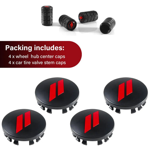 4 Pack 63mm Slash Wheel Center Cap Covers Red For Dodge Charger Challenger Durango Journey Dart Avenger Hornet R/T SRT Hub Caps With Valve Stem Caps, Durable Non Fading Rim Trim Replacement visible with package contents including wheel hub and valve stem caps