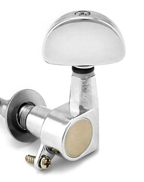 Guitar tuning peg side view; chrome zinc alloy machine head with mounting screw