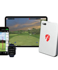 Mevo Gen2 Portable Golf Launch Monitor And Simulator with screens displaying golf simulation, and shot tracer feature