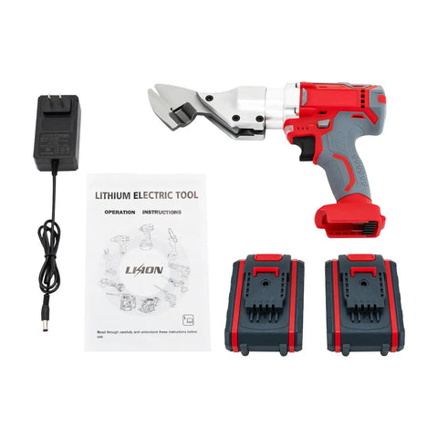 Cordless 21V Metal Shear With Swivel Head Two Speed Cutter For Sheet Metal Cutting 600W Beast Power Tool With 1500mAh Battery For Steel Aluminum And Stainless Steel, shown with charger and batteries